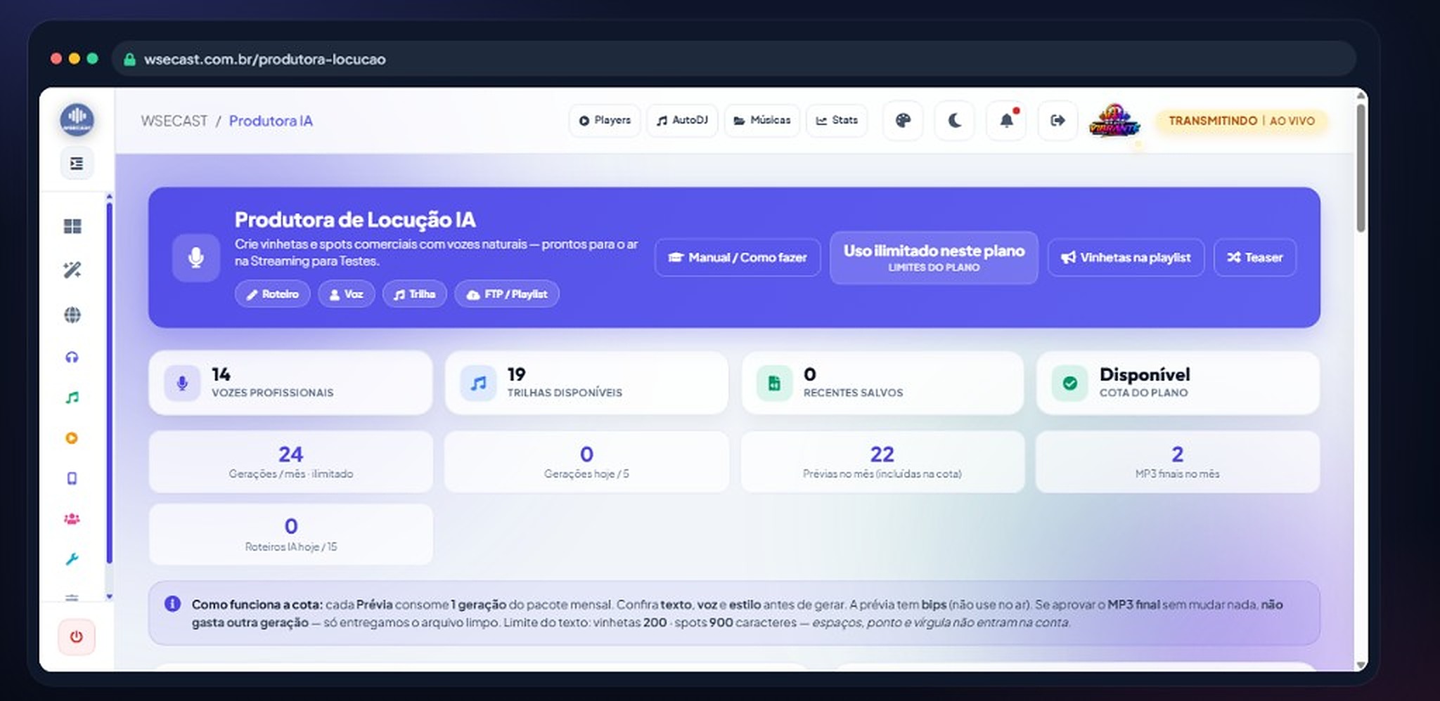 Produtora de locução no WSECAST