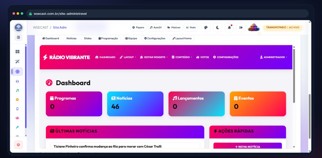 Painel admin do Site Administrável WSECAST, com notícias próprias e automáticas